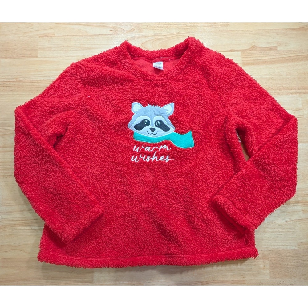 Holiday Time Girls Red Sherpa Raccoon Warm Wishes Pullover Sweater L 12-14